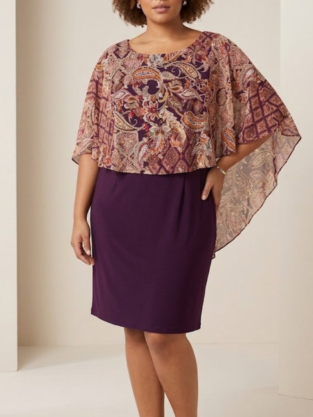 Glamour Nights New Plum paisley Metallic Overlay Shawl Cape Cocktail Dress 18W